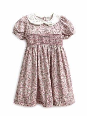 Girls Pink Floral Smocked Dress with Peter Pan Collar
